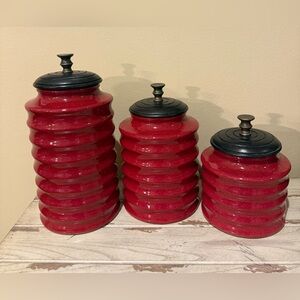Pier One Imports Canister Set of 3 Red Speckle Ribbed Ceramic Gasketed Wood Lid